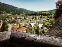 Wellnesshotel im Bayerischen Wald - Das Hotel Hofbräuhaus Zwei Sektgläser auf dem Balkon mit Panoramablick über Bodenmais und den Bayerischen Wald – Genussmoment im Wellnesshotel Hofbräuhaus